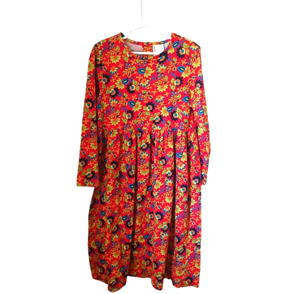 Hanna Anderson Girl's Red Floral Long Sleeve Knit Dress US Size 8